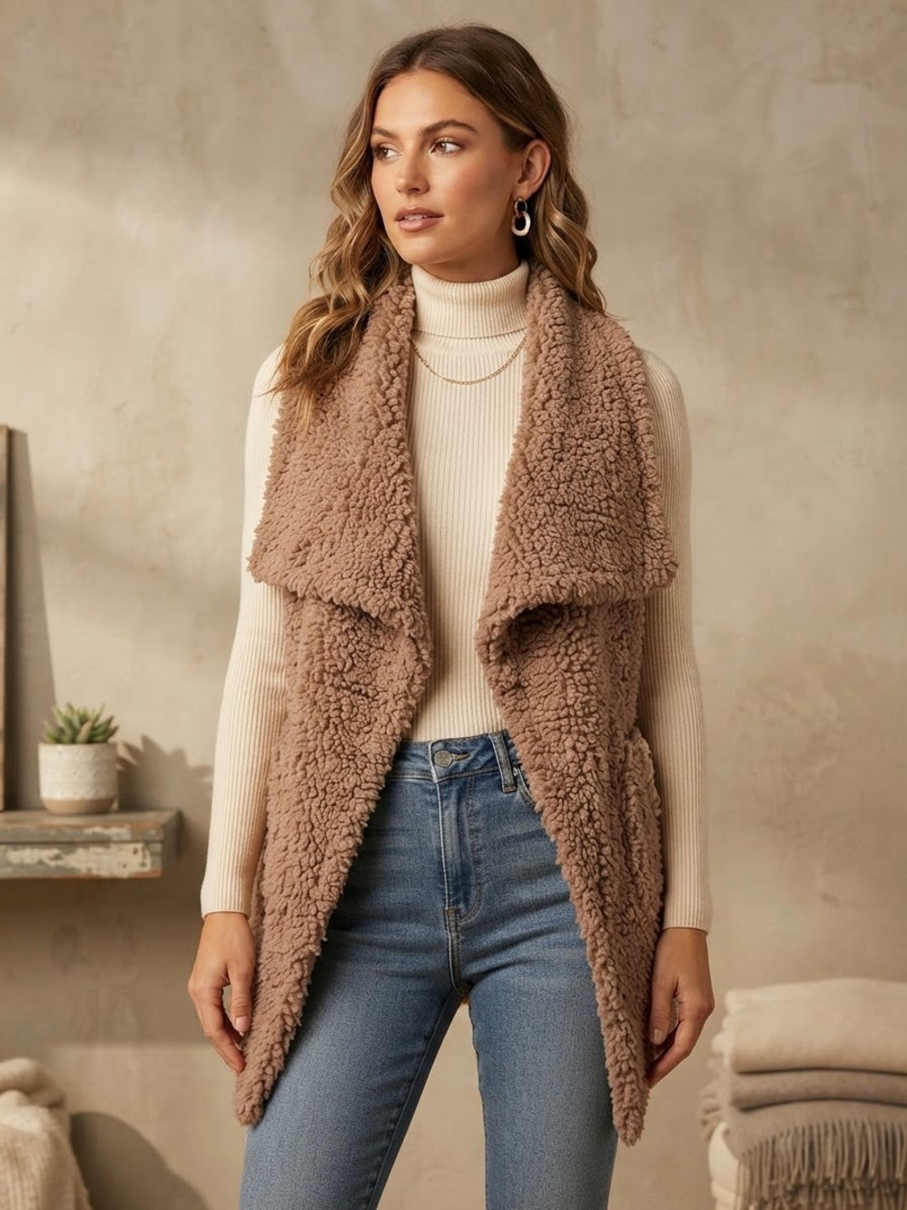 Altar'd State Taupe Faux-Shearling Open Front Vest